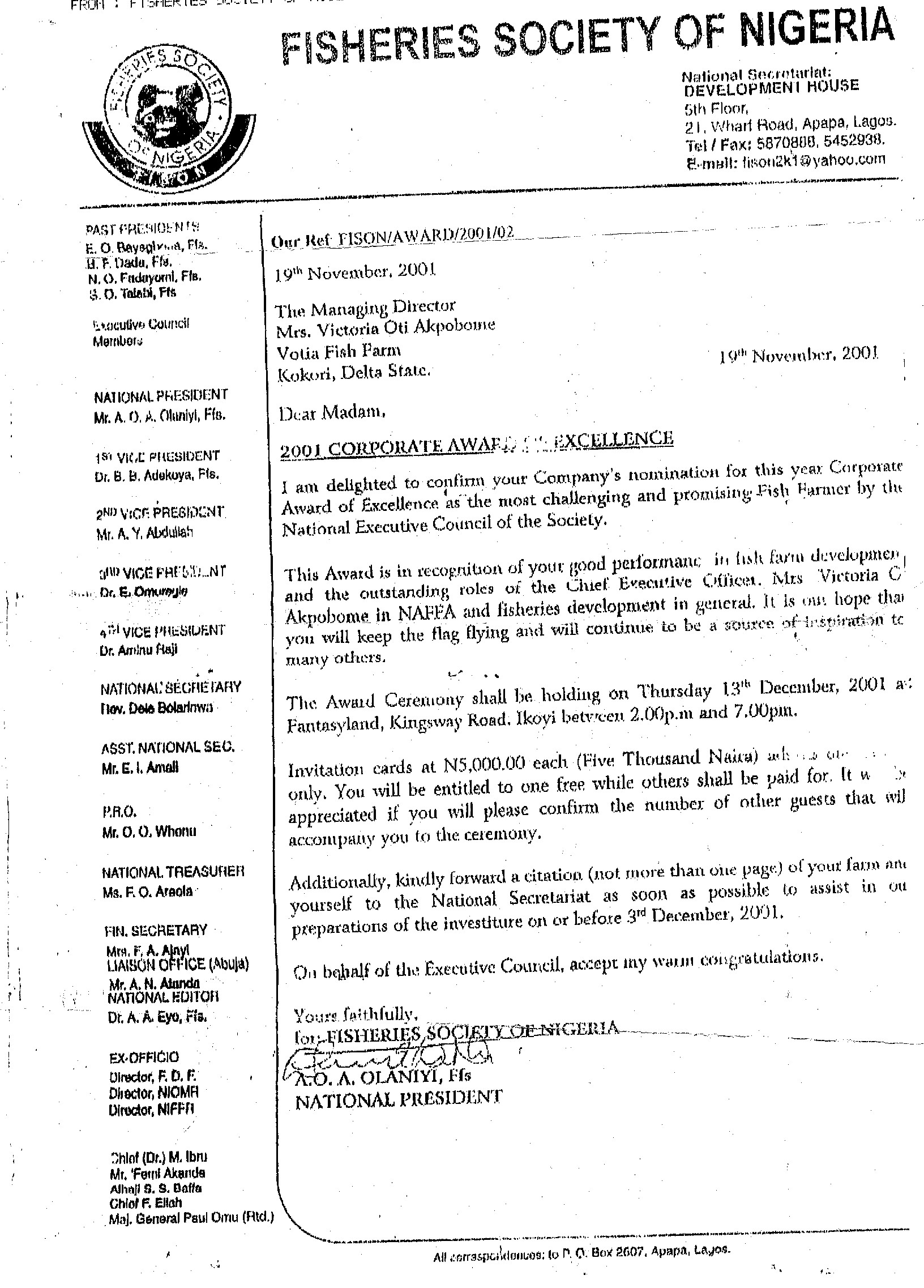 Letter of Information on 2001 Corporate Award of Excellence to Victoria Oti Akpobome