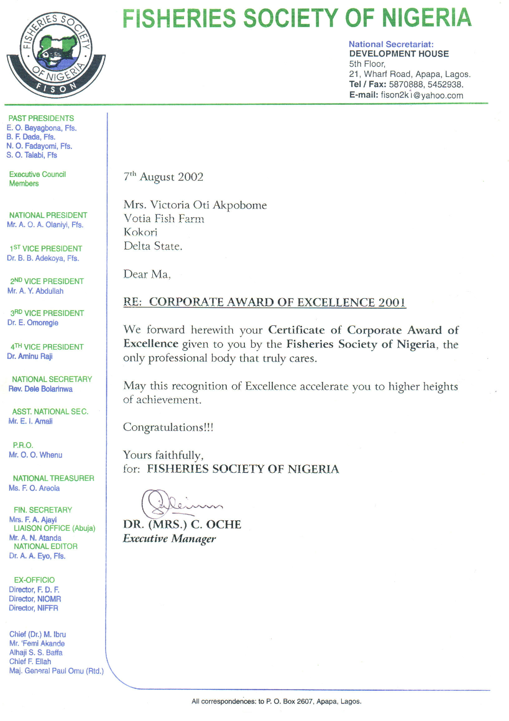 A Letter Forwarding Certificate of Corporate Award of Excellence to Victoria Oti Akpobome